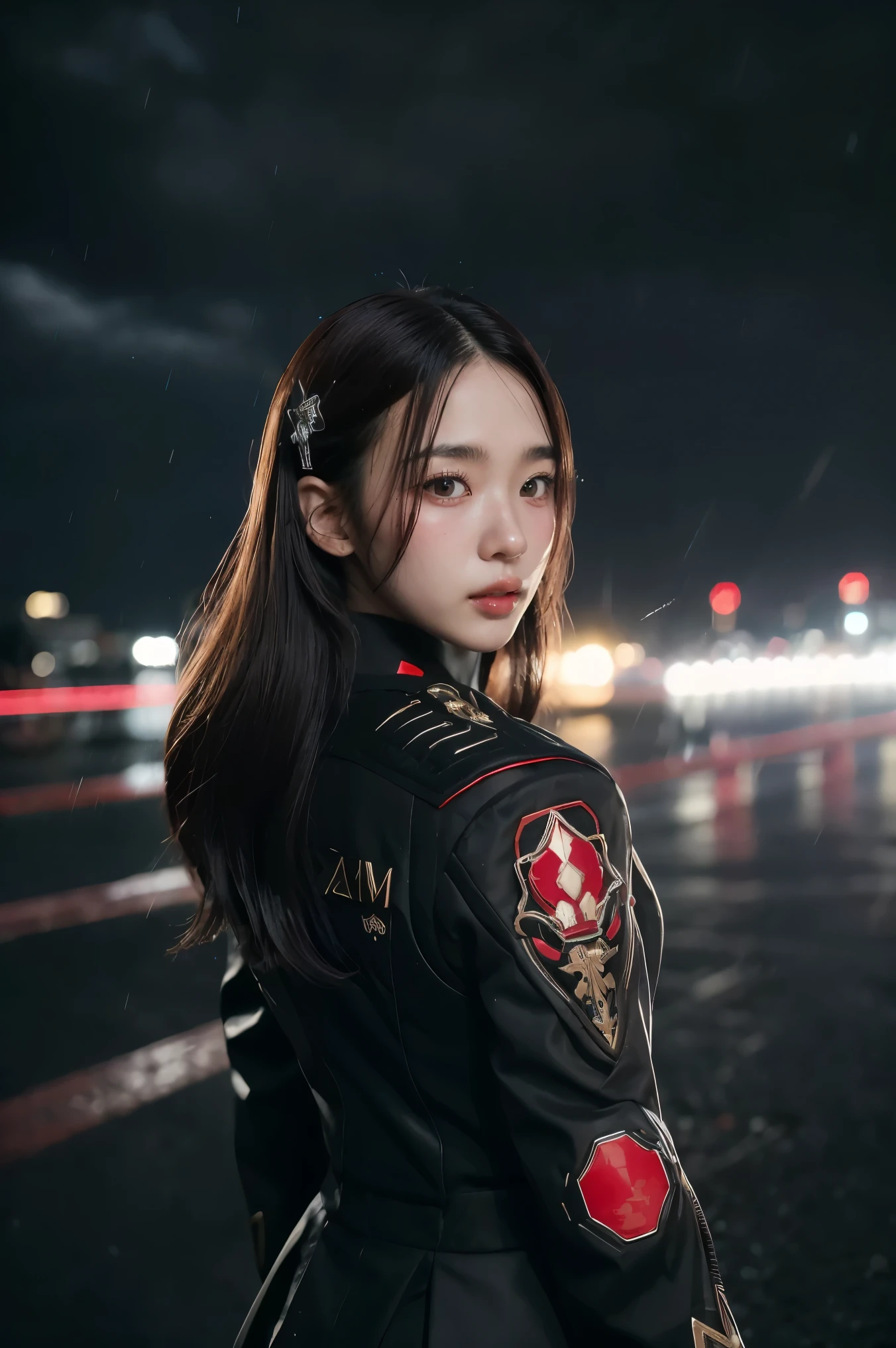 1 japanese girl, WARFRAME, intricate pattern, heavy metal, energy lines, faceless, glowing eyes, elegant, intense, blood red and black uniform, solo, modern, city, streets, dark clouds, thunderstorm, heavy rain,, dramatic lighting,, (masterpiece:1.2), best quality, high resolution, beautiful detailed, extremely detailed, perfect lighting,