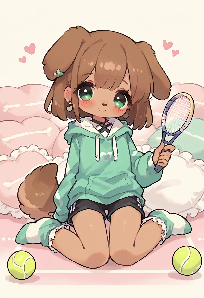 1girl, sitting on the floor, looking at the viewer, blushing, sitting on a soft pink pillow, short brown hair, brown dog ears, brown dog tail, green eyes, holding a tennis ball, oversized mint green hoodie, black shorts, heart earrings, white frilly socks, smiling