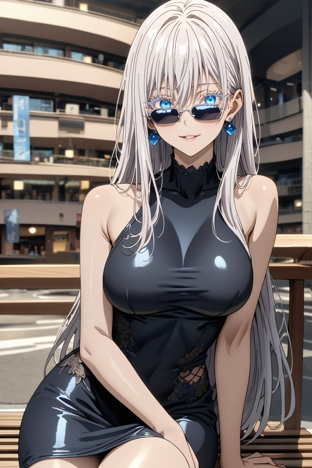 front view, cowboy shot, sitting on bench, female focus, 1girl, solo, smile, pink lips, expressive blue eyes, colored eyelashes, ((white hair)), long hair, straight hair, hair between eyes, confident, beautiful, cool, large breasts, athletic, slender, curvy, ruanyi1011,bare shoulders,black dress,sleeveless dress,jewelry,shiny clothes,skin tight,backless, blue earrings, black sunglasses, (detailed beautiful face and eyes), absurdres, highres, ultra detailed, HDR, anime screencap from jujutsu kaisen, mall, boutiques in background, (professional lighting), (masterpiece, 8k, best quality:1.3), (SuperQuality:1.0) ~ (SuperQuality:1.2)