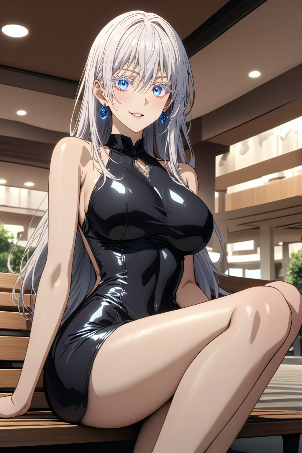 front view, cowboy shot, sitting on bench, female focus, 1girl, solo, smile, pink lips, expressive blue eyes, colored eyelashes, ((white hair)), long hair, straight hair, hair between eyes, confident, beautiful, cool, large breasts, athletic, slender, curvy, ruanyi1011,bare shoulders,black dress,sleeveless dress,jewelry,shiny clothes,skin tight,backless, blue earrings, black sunglasses, (detailed beautiful face and eyes), absurdres, highres, ultra detailed, HDR, anime screencap from jujutsu kaisen, mall, boutiques in background, (professional lighting), (masterpiece, 8k, best quality:1.3), (SuperQuality:1.0) ~ (SuperQuality:1.2)