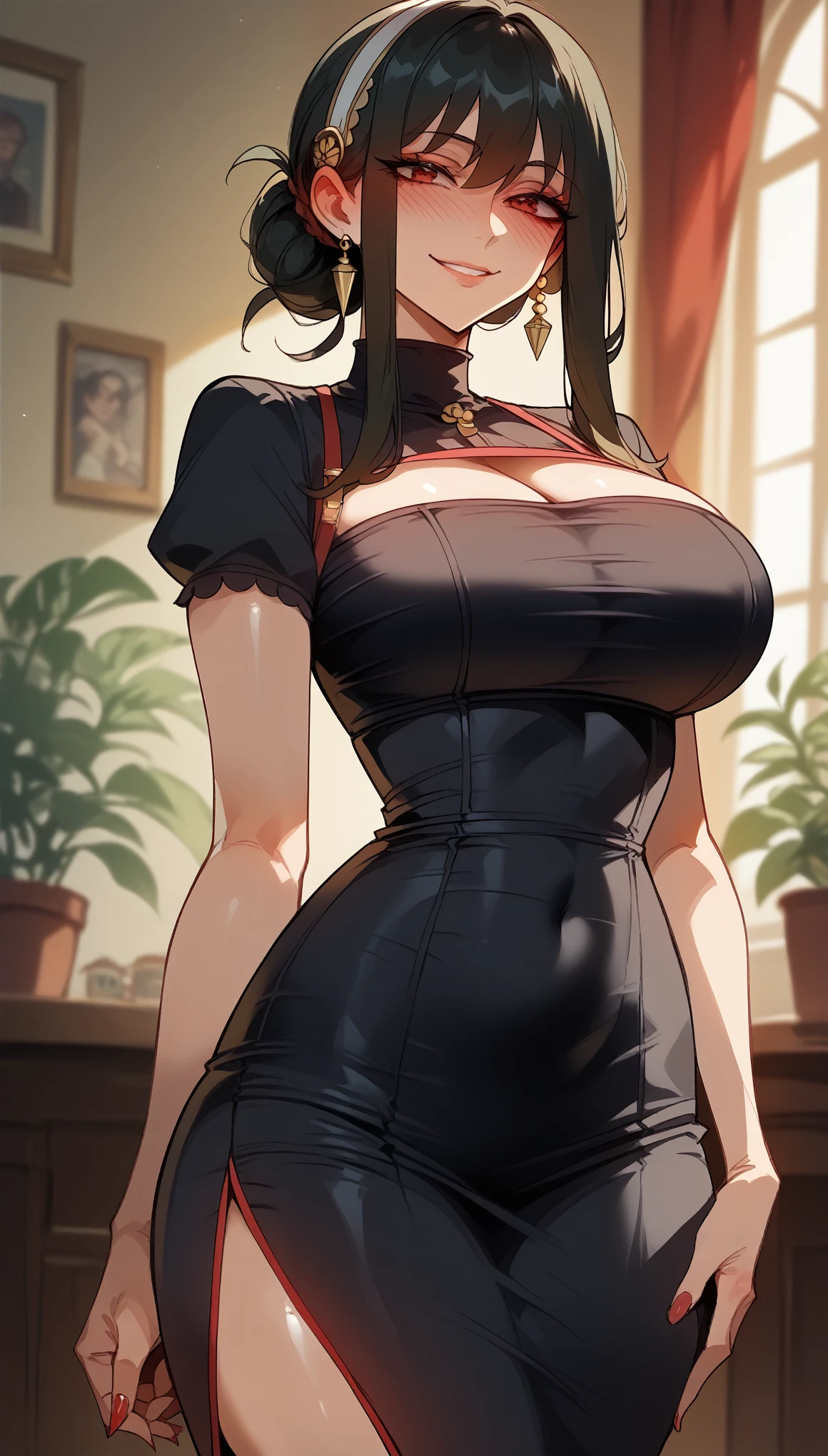 black hair、long and straight hair、Spy x Family、Yor Forger、mature woman、shiny hair、(big breasts),tight waist、thin waist、shiny skin、black dress、Beleza、erotic、smile、blushed,