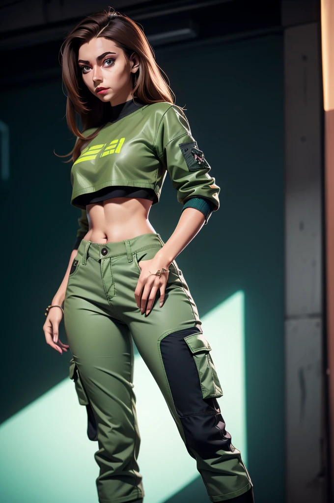 masterpiece, best quality, 1girl, medium breasts, long hair, brown hair, green cyberpunk jacket, cyberpunk crop top, cargo pants, skate shoes, dark blue eyes, wide hips,