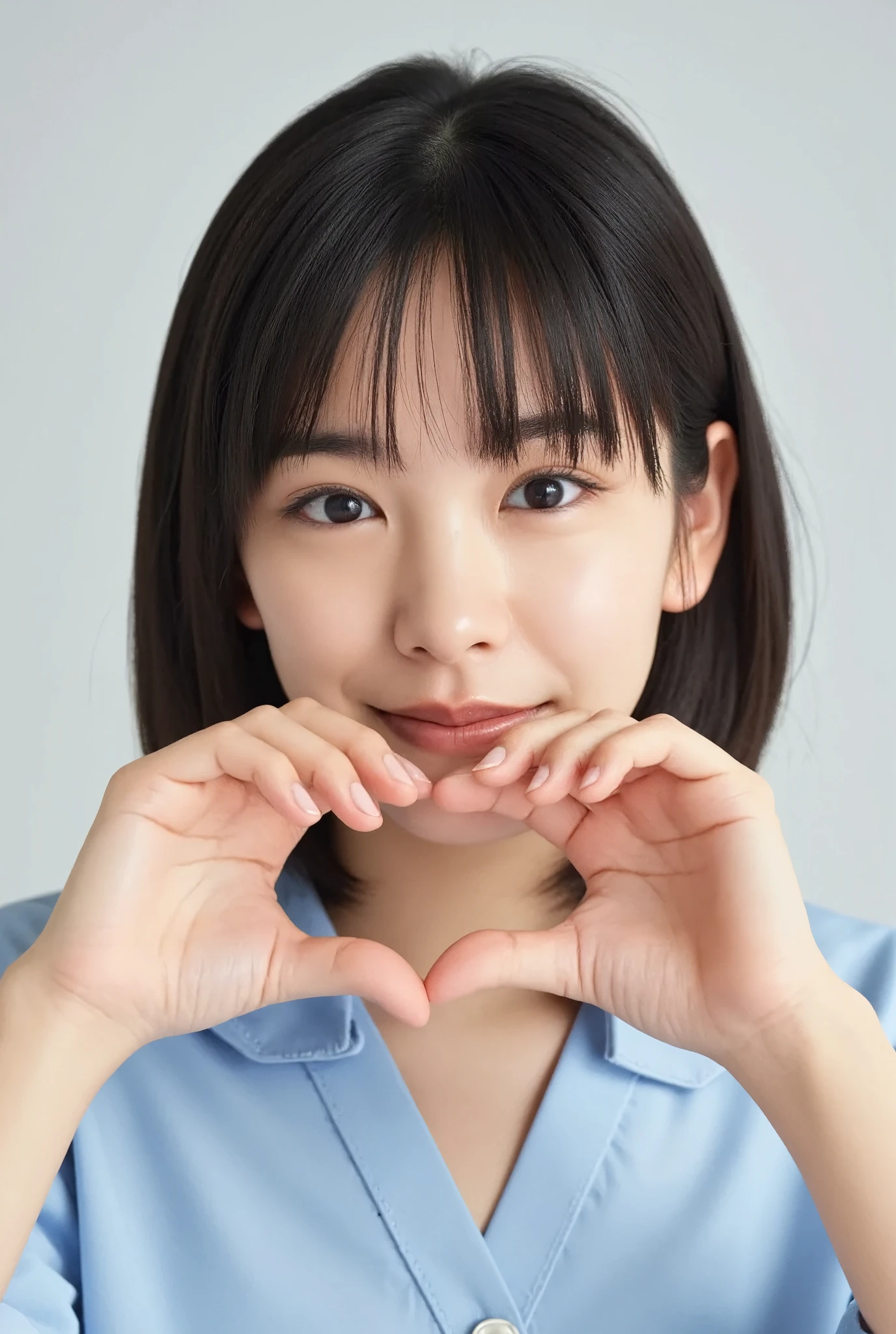 Use your hands to make a heart shape and smile brisly:2.0、Instagrammable:1.2 (Ultra-Accurate Human Anatomy, Best Quality、RAW Photos、8k、32K、masterpiece、Realistic、 photoreal:1.37)、Cute Japanese women images、Tank tops、Photographed in natural light、 upper body、1 girl、Photo Mapping、 Physically Based Rendering、Excellent image quality、 high res、1080P、(Beautiful Face)、(Detailed description of the face)、(Detailed explanation of the hand setter&#39;s muscle area)、(Detailed CG)、Rich details、(Stunning Features:1.35)、(Detailed eyes)、I look forward to your eyes、Delicate clavicle、Various poses、非常にリアルで詳細な若い女性の upper bodyポートレート。The skin is clear、A soft light reflects off the high points of the cheeks.、Fine pores and hair follicles、Even the thinnest blood vessels are visible。The skin is smooth、A natural flush to the cheeks、Gives off a healthy glow。The eyes are large and clear blue、The iris has a fine pattern、The light reflects off your eyes and shines。There is a slight shadow under the eye、Eyelashes are long and naturally curled。Her lips are a soft pink color、Smooth texture and natural shine、Reflects light slightly。The woman is wearing a simple white top.、The background is a faint monochromatic gradient.、焦点は完全に顔と upper bodyに当たっている。Realistic shadows and textures、The depiction is like a photograph.。
