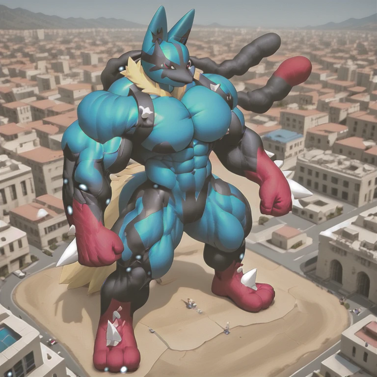 (Megacario. masterpiece. official art. 8k. best quality. detailed full body. full body.)

- Detailed head. Detailed Body. Detailed abs. gigantic muscles. HYPER MUSCLES. Gigachad Muscular. big muscle. pecs. triceps. traps. unusually developed muscular body. body full of huge muscles. showing off muscles. pectorales enormes. Exaggeratedly huge muscles. huge muscles. long legs.bulk up..

- blue skin, yellow fur.
- An arrogant expression. smile at the corner of your mouth.
- No nipples.

- The as big as a building Exoskeleton Megacario in the small street
- Exoskeleton Megacario
- massive:3.0,Big Muscle:1.1(heavyweight,strong,macro,Emphasize huge size, Stepping on the ruins), background((the collapse building,raising little spoke,the little sparks,the rift in the road)),high angle perspective.

 