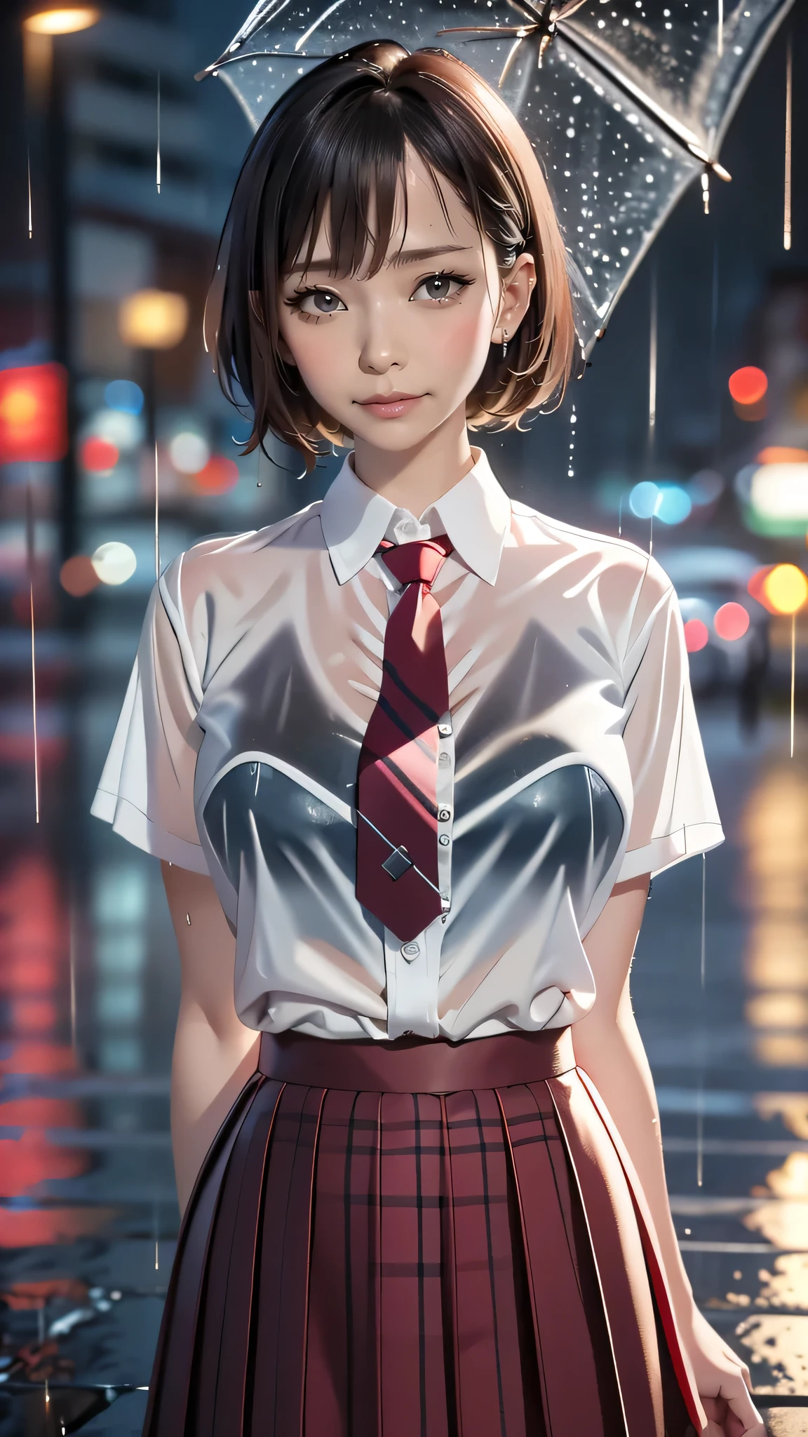 violaceaess, (gardeniass, rosaceaess:0.8), (masterpiece, best quality:1.4), delicate girl, beautiful short hair, close up, school uniform, white dress shirt, short sleeve, dark grey pleated plaid skirt, 8k, 50mm portrait, raw photo, absurdres, breasts focus, large breasts, thin arms, very thin waist, arch back, no makeup, worried, sophisticated, facelight, clear lighting, film grain, chromatic aberration, (dark red necktie:1.2), (rain, wet shirt:1.4), street, bokeh, (simple background:1.2)