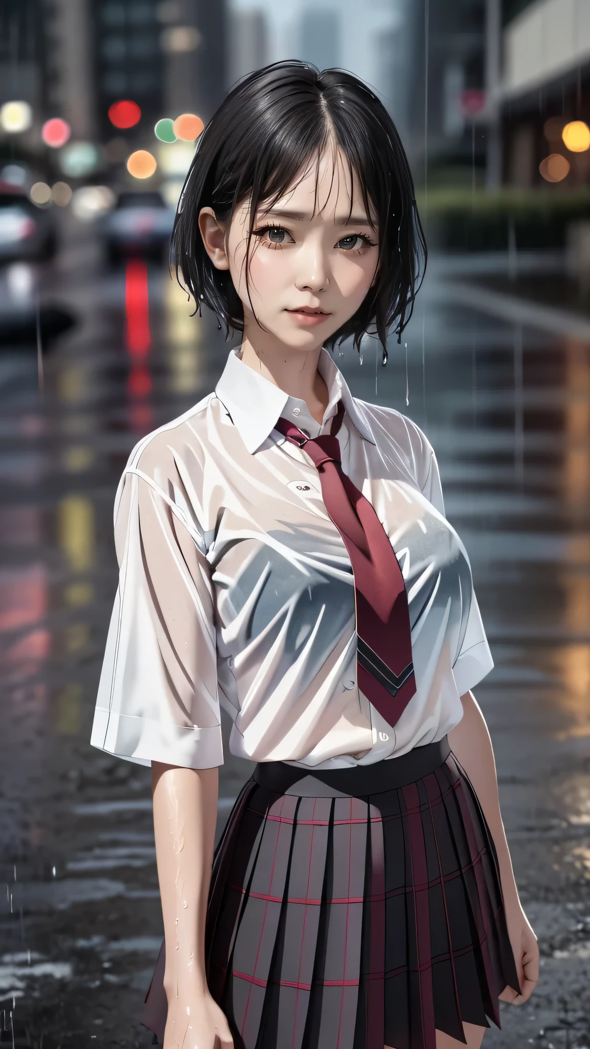 violaceaess, (gardeniass, rosaceaess:0.8), (masterpiece, best quality:1.4), delicate girl, beautiful short hair, close up, school uniform, white dress shirt, short sleeve, dark grey pleated plaid skirt, 8k, 50mm portrait, raw photo, absurdres, breasts focus, large breasts, thin arms, very thin waist, arch back, no makeup, worried, sophisticated, facelight, clear lighting, film grain, chromatic aberration, (dark red necktie:1.2), (rain, wet shirt:1.4), street, bokeh, (simple background:1.2)