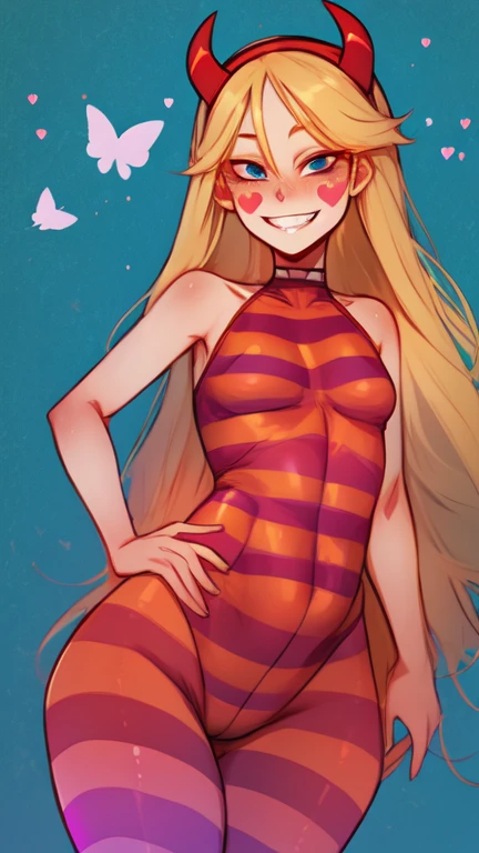 masterpiece, highest quality, best quality, 1girl, solo, looking at viewer,
star butterfly, blonde hair, blue eyes, facial mark, fake horns, hairband, heart cheeks, horned headwear, long hair, pantyhose, striped pantyhose, lozhkin, grin, accurate teeth with gaps 