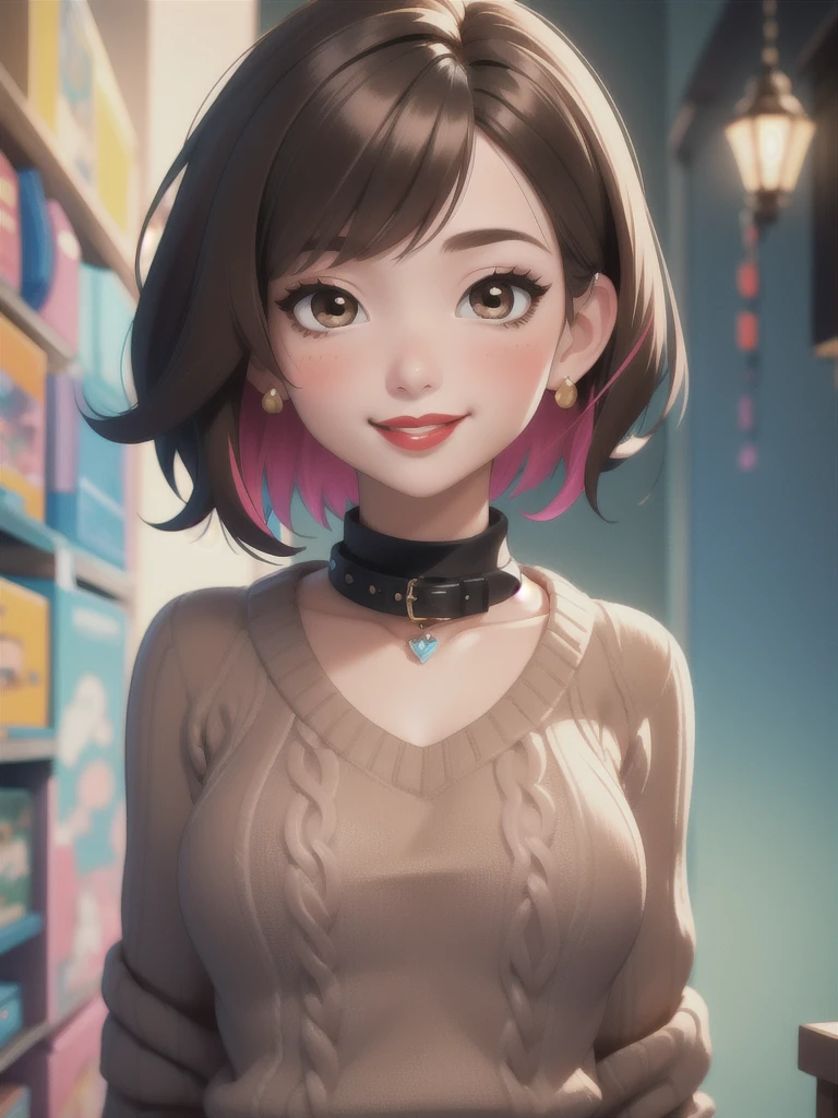 (masterpiece), (best quality), ( vibrant light colors), Super detail, 1 woman, brown hair, collar, toys, (bright eyes :0.5), short hair, looking at the viewer, brown eyes, portrait, shiny hair, smile, blush,  hair over her shoulders ,Rice, short hair, upper body, black sweater, vibrant colors, red lips