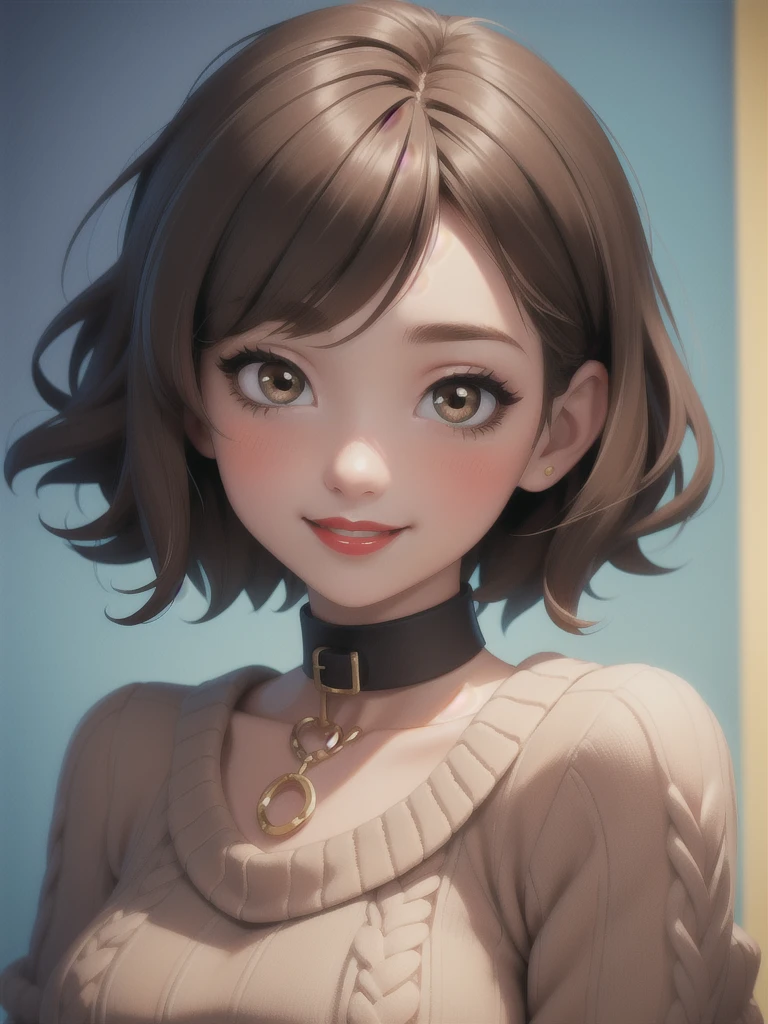 (masterpiece), (best quality), ( vibrant light colors), Super detail, 1 woman, brown hair, collar, toys, (bright eyes :0.5), short hair, looking at the viewer, brown eyes, portrait, shiny hair, smile, blush,  hair over her shoulders ,Rice, short hair, upper body, black sweater, vibrant colors, red lips