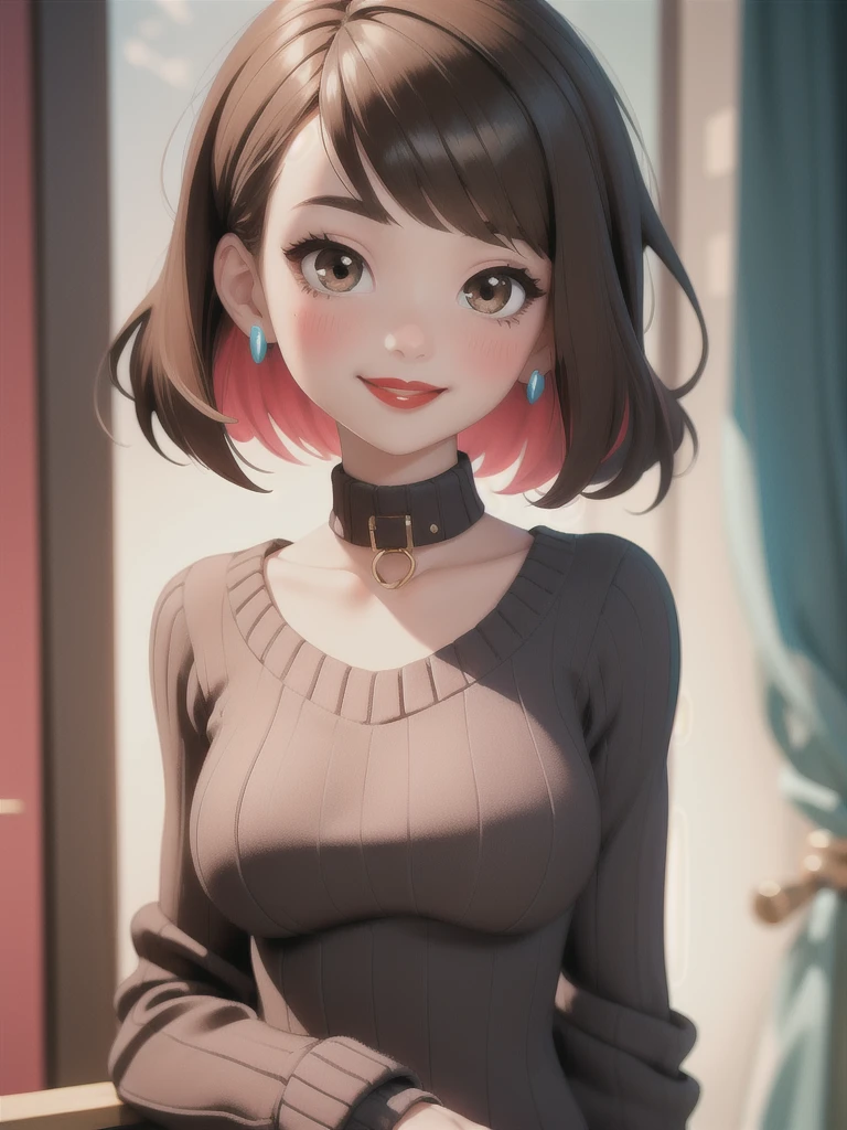 (masterpiece), (best quality), ( vibrant light colors), Super detail, 1 woman, brown hair, collar, toys, (bright eyes :0.5), short hair, looking at the viewer, brown eyes, portrait, shiny hair, smile, blush,  hair over her shoulders ,Rice, short hair, upper body, black sweater, vibrant colors, red lips