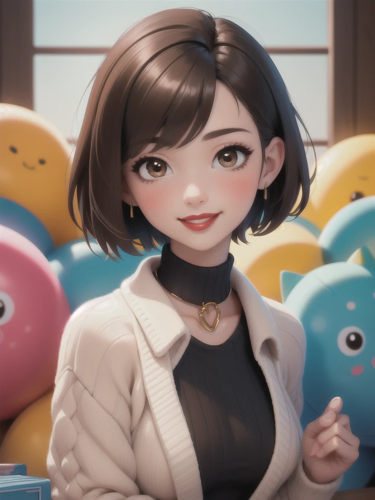 (masterpiece), (best quality), ( vibrant light colors), Super detail, 1 woman, brown hair, collar, toys, (bright eyes :0.5), short hair, looking at the viewer, brown eyes, portrait, shiny hair, smile, blush,  hair over her shoulders ,Rice, short hair, upper body, black sweater, vibrant colors, red lips