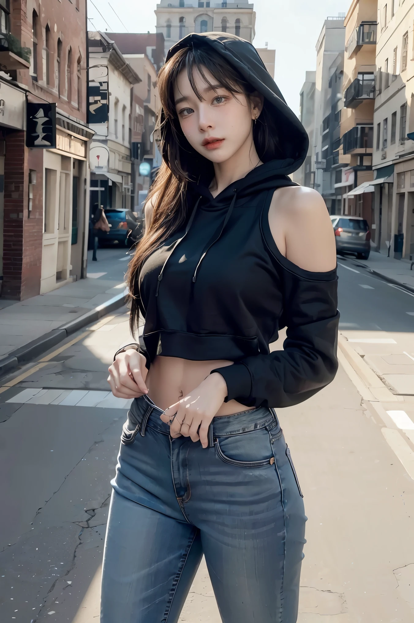 woman, urban, streets, (day:1.1), RAW,(8k, best quality, masterpiece:1.2),(intricate details:1.4),(photorealistic:1.4),octane render, complex 3d render ultra detailed, studio soft light, rim light, vibrant details, ultra detailed, realistic skin texture, detailed face, beautiful detailed eyes, extremely detailed CG unity 8k wallpaper, makeup, (detailed background:1.2), (cowboy shot:1.2),(hip),(perfect anatomy:1.2),(black hoodie, long jeans:1.2), 
