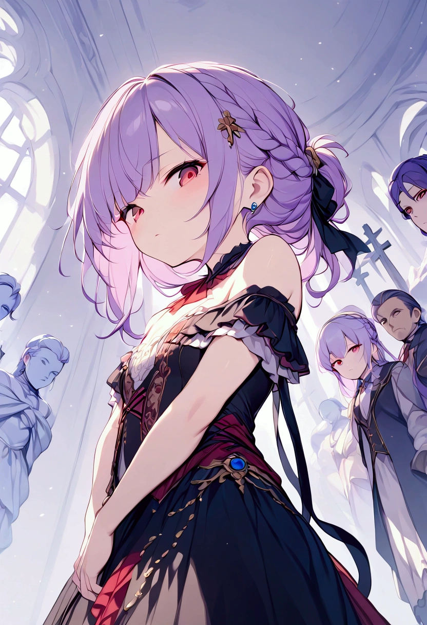 masterpiece, figure, Best Quality, Threatening Jojo , CG, wallpaper, ++,  1 girl , Alone, Light purple hair, Long Hair, french braid,  Single Side Lock , Red eyes, Cold Eyes, Small breasts,  flat chest, change,  Victorian Dress,  Embellished Dress ,  black dress to hang your body, corset, Neckwear, Off-the-shoulder dress,  dynamic pose, Lean back, From below, Looking down,  is staring at viewers,  crosses her arms behind her back, article,  upper body, Portrait, cold, neutral, baroque detailed background,