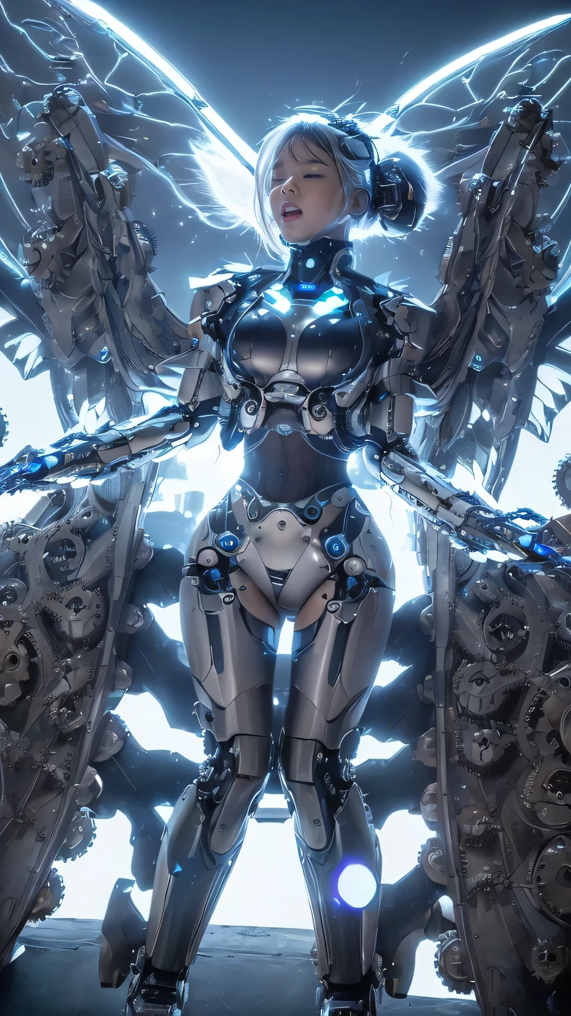 {{best quality, 1080P, Masterpiece, Ultra high resolution, photorealistic, ultra realism, Realistic skin texture, Extreme skin detail, dslr, Detailed eyes, Facing the camera, very beautiful face, Concise facial structure, Pale skin, Realistic skin texture, Extreme skin detail, oc render reflection textures, Realistic light and shadow, Single picture, alone, gray hair, The body is slim and balanced., Age 20, Height 170, naked girl, Nude, no underwear, A girl with the body of a mechanical robot., Transparent futuristic black glass mech armor suit, The mechanical cervix is attached to the neck., The robot circuit is stuck in the middle of the back., flat stomach, Woman with perfect robot arms and legs, full body view, Whole body photo.}}