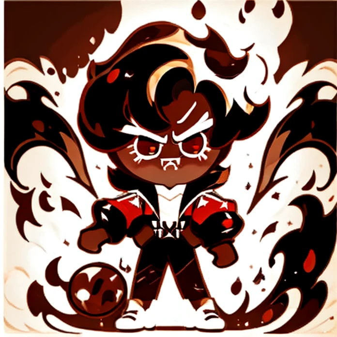 Chocolate Cobbler Cookie, fist in hand, black Hair, Medium Hair, hime cut hair swept bangs, Brown Hair Bows, red eyes, no nose, angry, fangs, brown Tracksuit, Realism, wide shot, looking back, Cookie Run Style