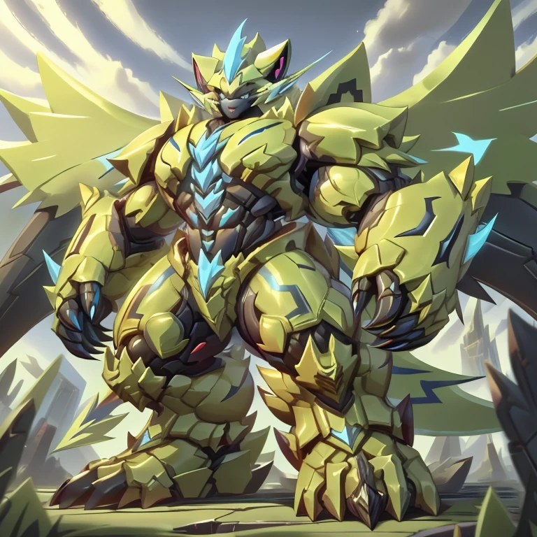 (ZERAORA, 8K, Masterpiece, highres)
(Zeraora's giant robot, Powered exoskeleton with the same design as Zeraora),  
(Detailed head, Detailed Body, Detailed abs, full body) 
(gigantic muscles, Gigachad Muscular, big muscle, pecs, triceps, traps, unusually developed muscular body, body full of huge muscles. showing off muscles, pectorales enormes, Exaggeratedly huge muscles. long legs.)
(nj5furry, The claws are sharp, Sharp teeth, sharp claws), (Spread wings, It has wings, have big wings, golden wings) 
(It has wings, whole body shines like metal, Wearing cyberpunk mecha, emphasizes the muscles, suit fully made of metal, intricate armor, Robotic suit, suit fully made of metal, cyborg), 
menacing pose, An arrogant expression.
- The as big as a building Exoskeleton zeraora in the small street
- Exoskeleton zeraora
- massive:5.0, Big Muscle:1.1(heavyweight, strong,macro, Emphasize huge size, Stepping on the ruins),
- background((the collapse building,raising little spoke,the little sparks,the rift in the road)),high angle perspective.