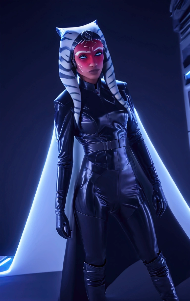 Aahsoka and (((((glowing red eyes))))) sits confidently on a modern-looking chair. She is dressed in a white latex military uniform that includes a rank plate with 6 blue squares on the top and 6 red squares on the bottom. She is wearing a black cape that falls over one of her shoulders. Her expression is serious but relaxed, with a slight smile. The . The lighting is dim, with lights in red and blue tones that highlight hegure, especially her face. She is wearing black gloves and tall boots, with one leg crossed over the other. The scene conveys authority and power, set in a futuristic or space environment, probably inside a ship or station. Everything is depicted in a comic-like drawing style, with bold lines and vibrant colors that reflect a typical comic book aesthetic.
