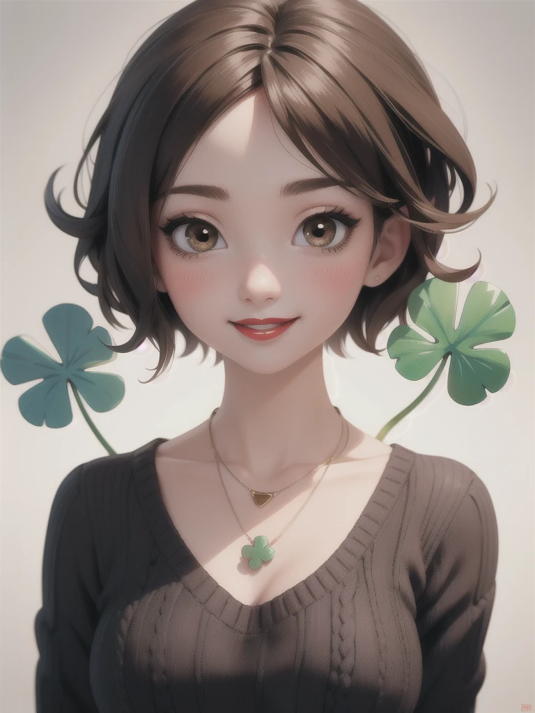 (masterpiece), (best quality), (vibrant colors), Super detail, A woman of legal age, brown hair, four-leaf clover necklace , toys, (bright eyes :0.5), short hair, looking at the viewer, brown eyes, portrait, shiny hair, smile, blush,  hair over her shoulders ,Rice, short hair, upper body, black sweater, vibrant colors,  red lips High resolution, masterpiece, best quality, high quality, happy expression, luxury 