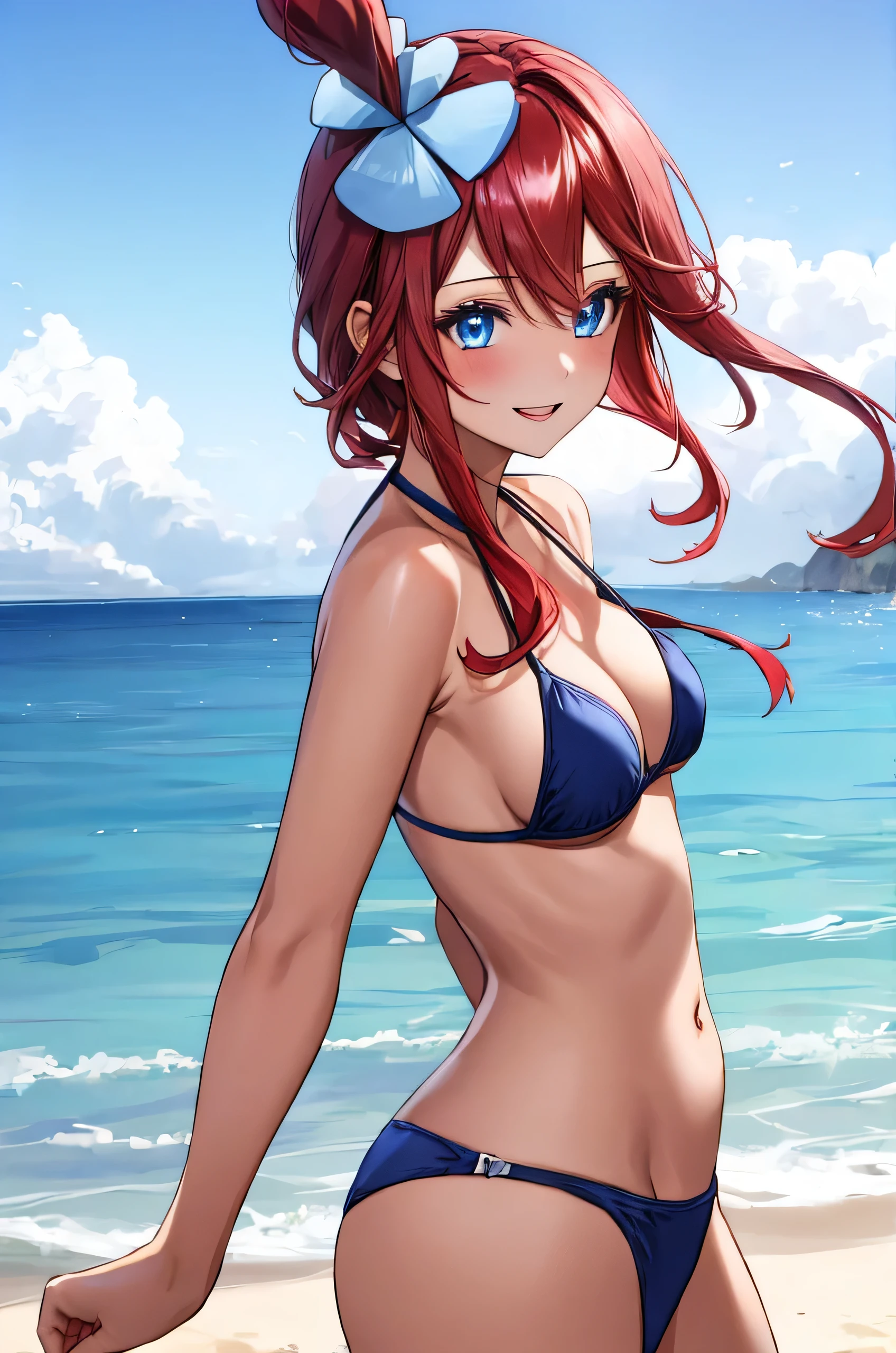 1girl, standing, looking back, from behind, facing viewer, BREAK skyla, blue eyes, hair ornament, one side up, red hair, short hair with long locks, sidelocks, (bikini), small breasts, (smile:0.9), BREAK detailed background, beach, blue sky, BREAK (best quality, masterpiece, UHD, ultra detailed), (beautiful face, shiny skin), (detailed eyes), (perfect anatomy), (professional lighting)