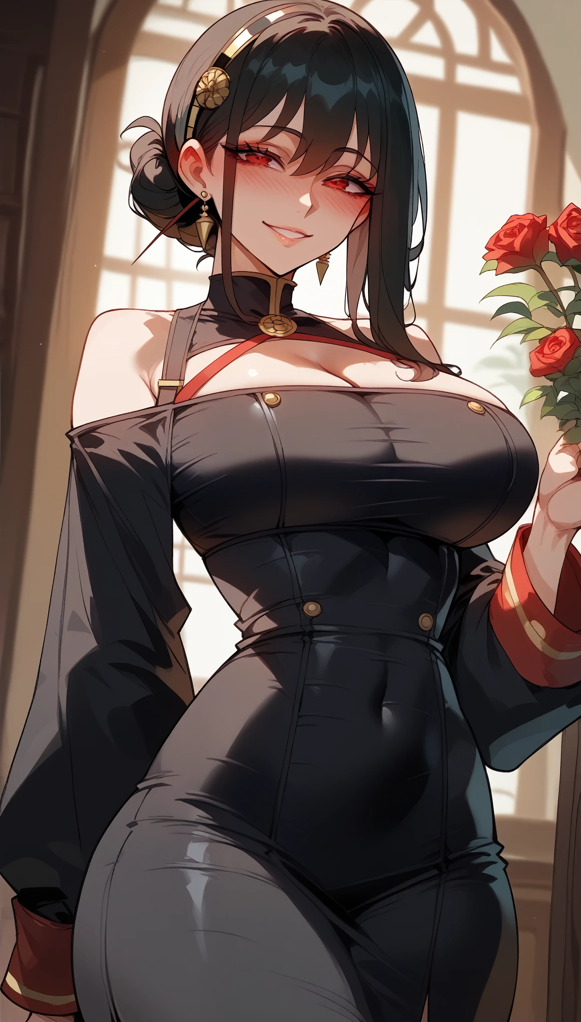 black hair、long and straight hair、red eyes、Spy x Family、Yor Forger、mature woman、shiny hair、(big breasts),tight waist、thin waist、shiny skin、black dress、Beleza、erotic、smile、blushed,