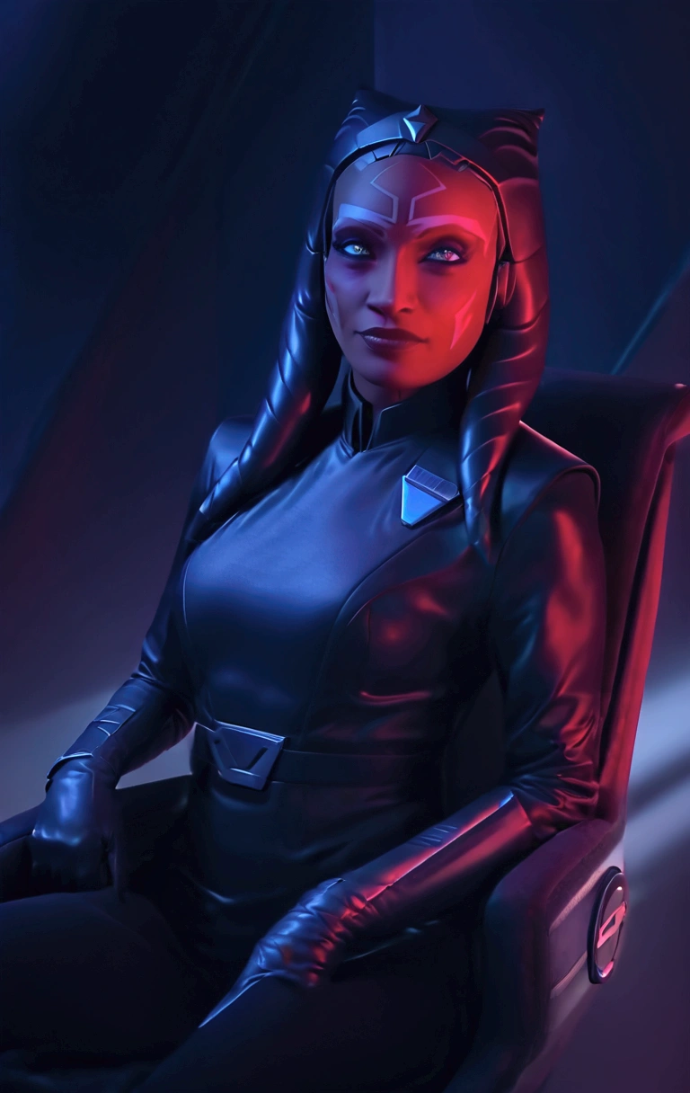 Aahsoka and (((((glowing red eyes))))) sits confidently on a modern-looking chair. She is dressed in a white latex military uniform that includes a rank plate with 6 blue squares on the top and 6 red squares on the bottom. She is wearing a black cape that falls over one of her shoulders. Her expression is serious but relaxed, with a slight smile. The . The lighting is dim, with lights in red and blue tones that highlight hegure, especially her face. She is wearing black gloves and tall boots, with one leg crossed over the other. The scene conveys authority and power, set in a futuristic or space environment, probably inside a ship or station. Everything is depicted in a comic-like drawing style, with bold lines and vibrant colors that reflect a typical comic book aesthetic.
