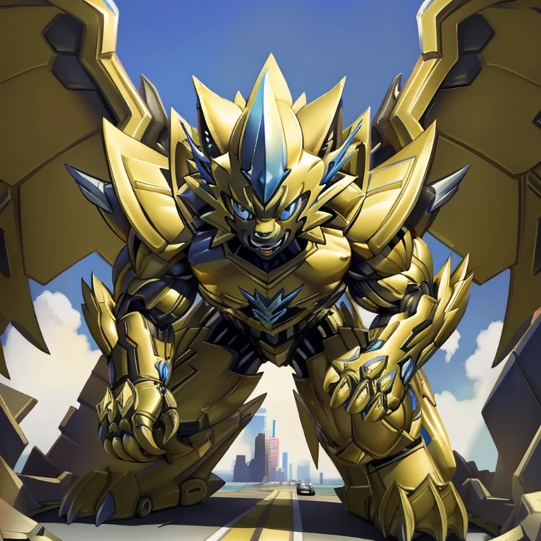 (ZERAORA, 8K, Masterpiece, highres)
(Zeraora's giant robot, Powered exoskeleton with the same design as Zeraora),  
(Detailed head, Detailed Body, Detailed abs, full body) 
(gigantic muscles, Gigachad Muscular, big muscle, pecs, triceps, traps, unusually developed muscular body, body full of huge muscles. showing off muscles, pectorales enormes, Exaggeratedly huge muscles. long legs.)
(nj5furry, The claws are sharp, Sharp teeth, sharp claws), (Spread wings, It has wings, have big wings, golden wings) 
(It has wings, whole body shines like metal, Wearing cyberpunk mecha, emphasizes the muscles, suit fully made of metal, intricate armor, Robotic suit, suit fully made of metal, cyborg), 
menacing pose, An arrogant expression.
- The as big as a building Exoskeleton zeraora in the small street
- Exoskeleton zeraora
- massive:5.0, Big Muscle:1.1(heavyweight, strong,macro, Emphasize huge size, Stepping on the ruins),
- background((the collapse building,raising little spoke,the little sparks,the rift in the road)),high angle perspective.