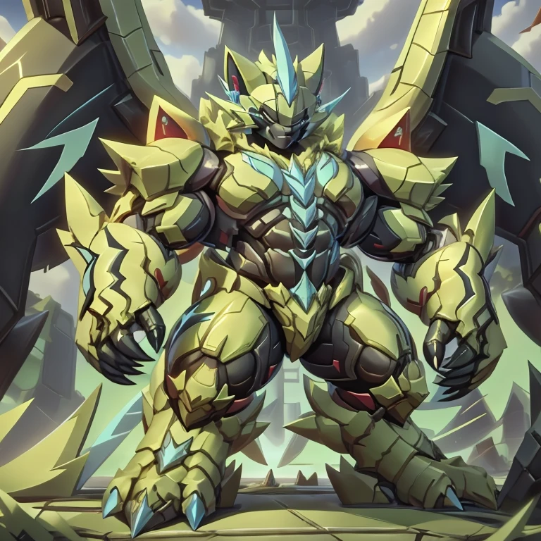 (ZERAORA, 8K, Masterpiece, highres)
(Zeraora's giant robot, Powered exoskeleton with the same design as Zeraora),  
(Detailed head, Detailed Body, Detailed abs, full body) 
(gigantic muscles, Gigachad Muscular, big muscle, pecs, triceps, traps, unusually developed muscular body, body full of huge muscles. showing off muscles, pectorales enormes, Exaggeratedly huge muscles. long legs.)
(nj5furry, The claws are sharp, Sharp teeth, sharp claws), (Spread wings, It has wings, have big wings, golden wings) 
(It has wings, whole body shines like metal, Wearing cyberpunk mecha, emphasizes the muscles, suit fully made of metal, intricate armor, Robotic suit, suit fully made of metal, cyborg), 
menacing pose, An arrogant expression.
- The as big as a building Exoskeleton zeraora in the small street
- Exoskeleton zeraora
- massive:5.0, Big Muscle:1.1(heavyweight, strong,macro, Emphasize huge size, Stepping on the ruins),
- background((the collapse building,raising little spoke,the little sparks,the rift in the road)),high angle perspective.