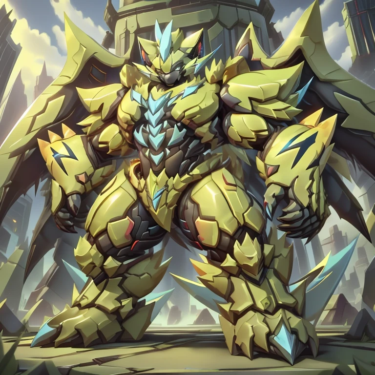 (ZERAORA, 8K, Masterpiece, highres)
(Zeraora's giant robot, Powered exoskeleton with the same design as Zeraora),  
(Detailed head, Detailed Body, Detailed abs, full body) 
(gigantic muscles, Gigachad Muscular, big muscle, pecs, triceps, traps, unusually developed muscular body, body full of huge muscles. showing off muscles, pectorales enormes, Exaggeratedly huge muscles. long legs.)
(nj5furry, The claws are sharp, Sharp teeth, sharp claws), (Spread wings, It has wings, have big wings, golden wings) 
(It has wings, whole body shines like metal, Wearing cyberpunk mecha, emphasizes the muscles, suit fully made of metal, intricate armor, Robotic suit, suit fully made of metal, cyborg), 
menacing pose, An arrogant expression.
- The as big as a building Exoskeleton zeraora in the small street
- Exoskeleton zeraora
- massive:5.0, Big Muscle:1.1(heavyweight, strong,macro, Emphasize huge size, Stepping on the ruins),
- background((the collapse building,raising little spoke,the little sparks,the rift in the road)),high angle perspective.