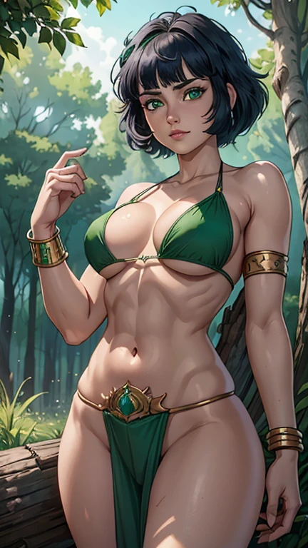(raw photo, Best Quality), (realist, Photo realist: 1:3, Best Quality, Very detailed, masterpiece, Hyperdetail, illustration, 1 girl, caucasian, dynamic angle, World masterpiece, disordered_hair, Best Quality, CG Unity 8k wallpaper, caucasian perfect body, full shot photography, Woman 25 years old, amazon, , White skin, pink skin, WITHOUT IMPERFECTIONS, smooth skin, (perfect), ojos Very detaileds, (Intricate), big and bright eyes, (ice blue eyes), perfect eyes eyes, (build ), Carry (pure gold lingerie), as part of herself, Her body is adorned with jewels that make her look like a goddess.,(build), In the background you can see the jungle and a semi-futuristic lost city, (build), cara perfect, innocent face, beautiful, perfect body, hourglass body, sensual body, medium tits, natural, perfects, big and shapely hips, thick and firm thighs, mesomorphic body, some tattoos, short and brown hair, crespo, It is a full shot capture, ((full shot photo)) hdsrmr