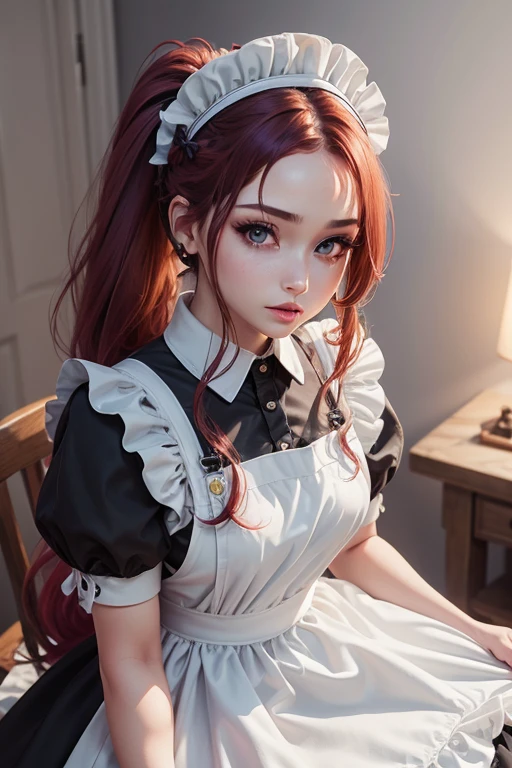 masterpiece,(Best Quality, Genuine,Detailed face:1.3),(One Girl,Alone:1.3),Beautiful detailed eyes,  apron, gradient_background, gradient, Maid, Purple eyes,red hair,Small breasts,, break, enMaided, white_apron, black_dress,  ponytail, black_shoes, Frilled_apron, dress, Maid_apron, replace_hair,very long hair, _ ponytail, halo 