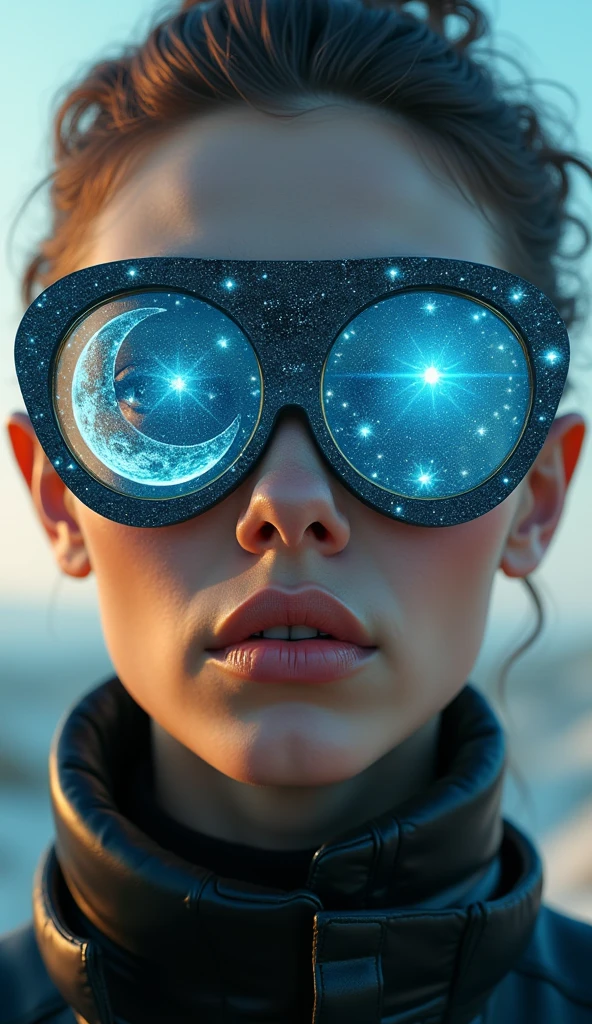 (The model is wearing glass sunglasses with stars and the moon on the glass