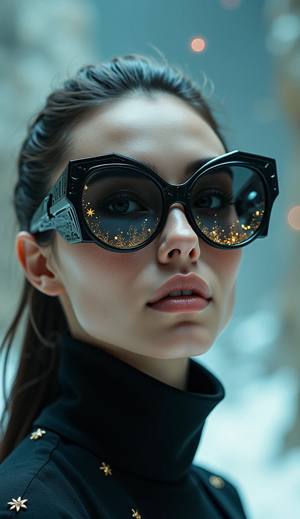 (The model is wearing glass sunglasses with stars and the moon on the glass