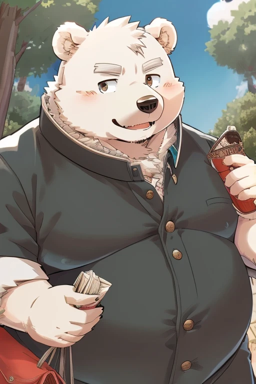 Gained weight、Being overweight、Bear Beast Man、 Brown Eyes 、Polar bear、fur、Fluffy、cute(student、Short、Black clothes、Wearing gakuran）