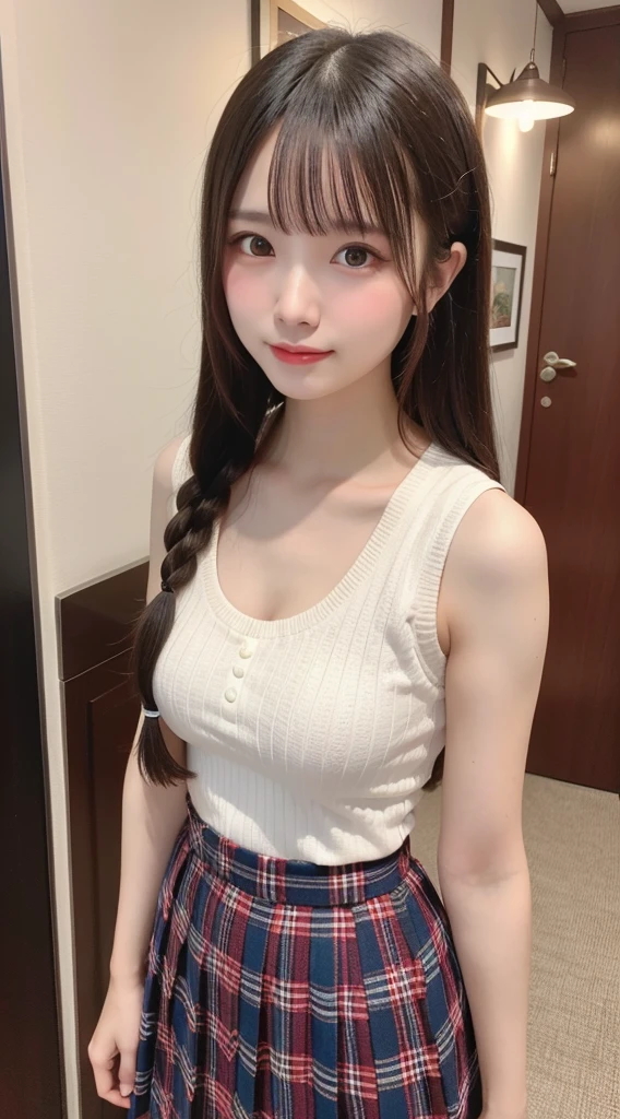 1 girl, single, dress, whole body, Long Hair, clavicle, smile, Brown Hair, bangs, Short sleeve, Bathroom