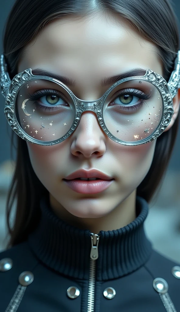 (The model is wearing glass sunglasses with stars and the moon on the glass