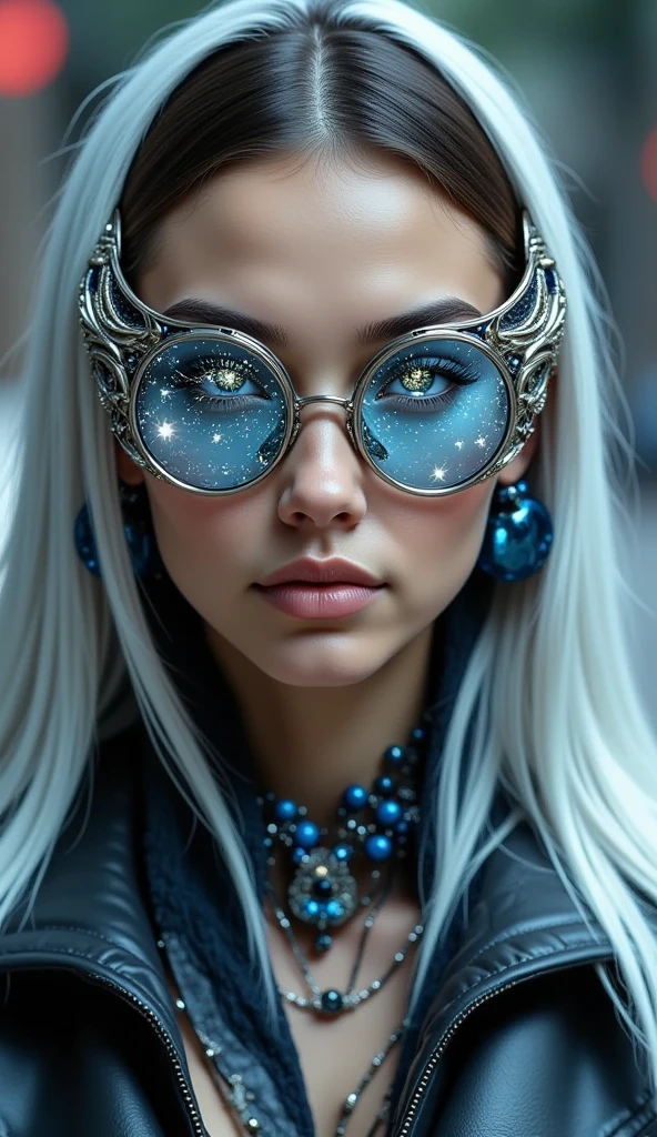 (The model is wearing glass sunglasses with stars and the moon on the glass