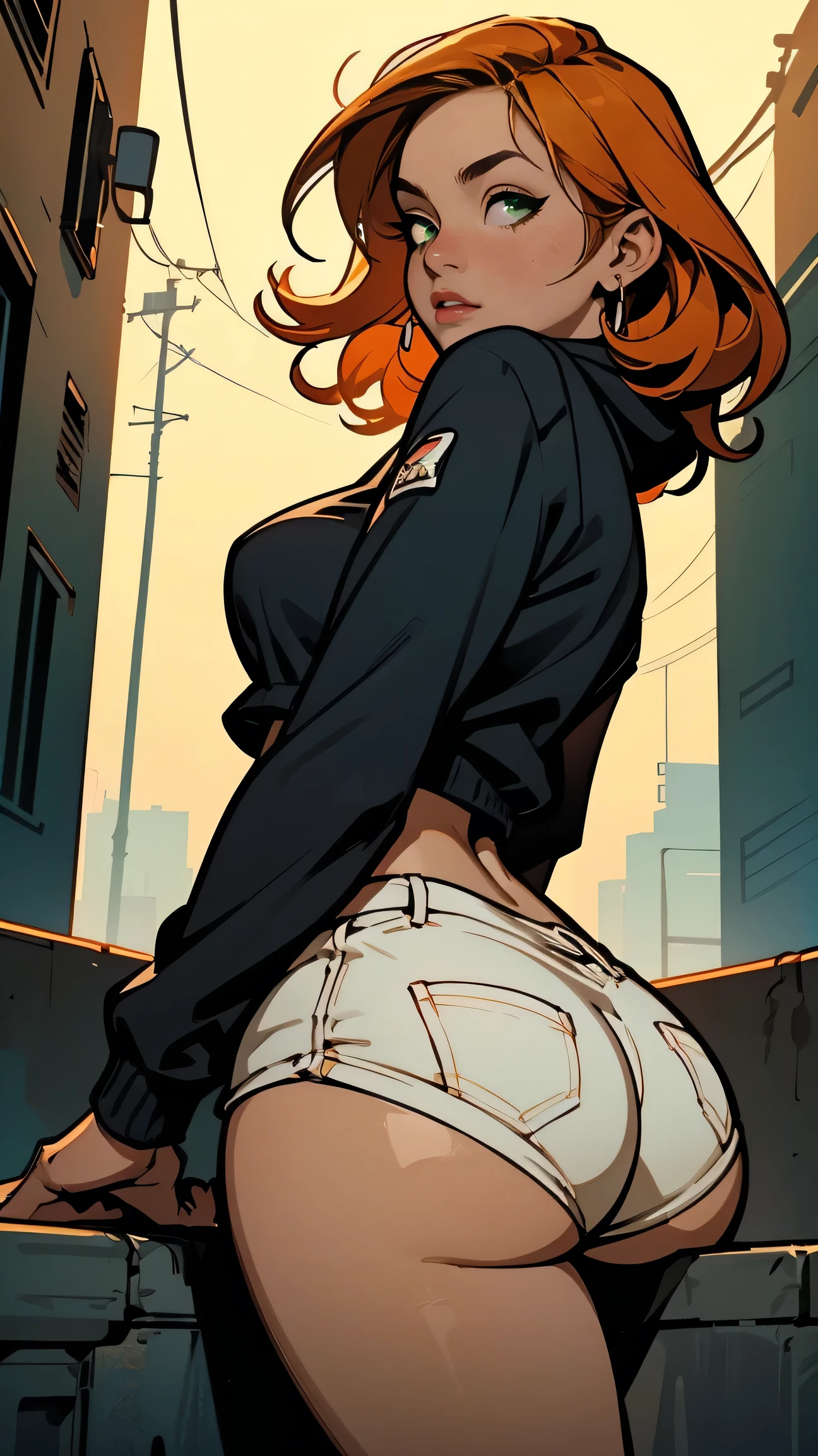 Innocent look:1.3, middle-aged slut woman with light skin, small breast:1.2, messy black dreadlocks, wearing a sweatshirt,sitting cross-legges on the top of a wall along the road ((with orange hair and blonde highlight) , short wavy hair, all body photo:1.4, perfect hands:1.6, beatiful hands, GTA5 style, GTA, Grand theft auto, detailed face:1.4, slutty, look from bottom