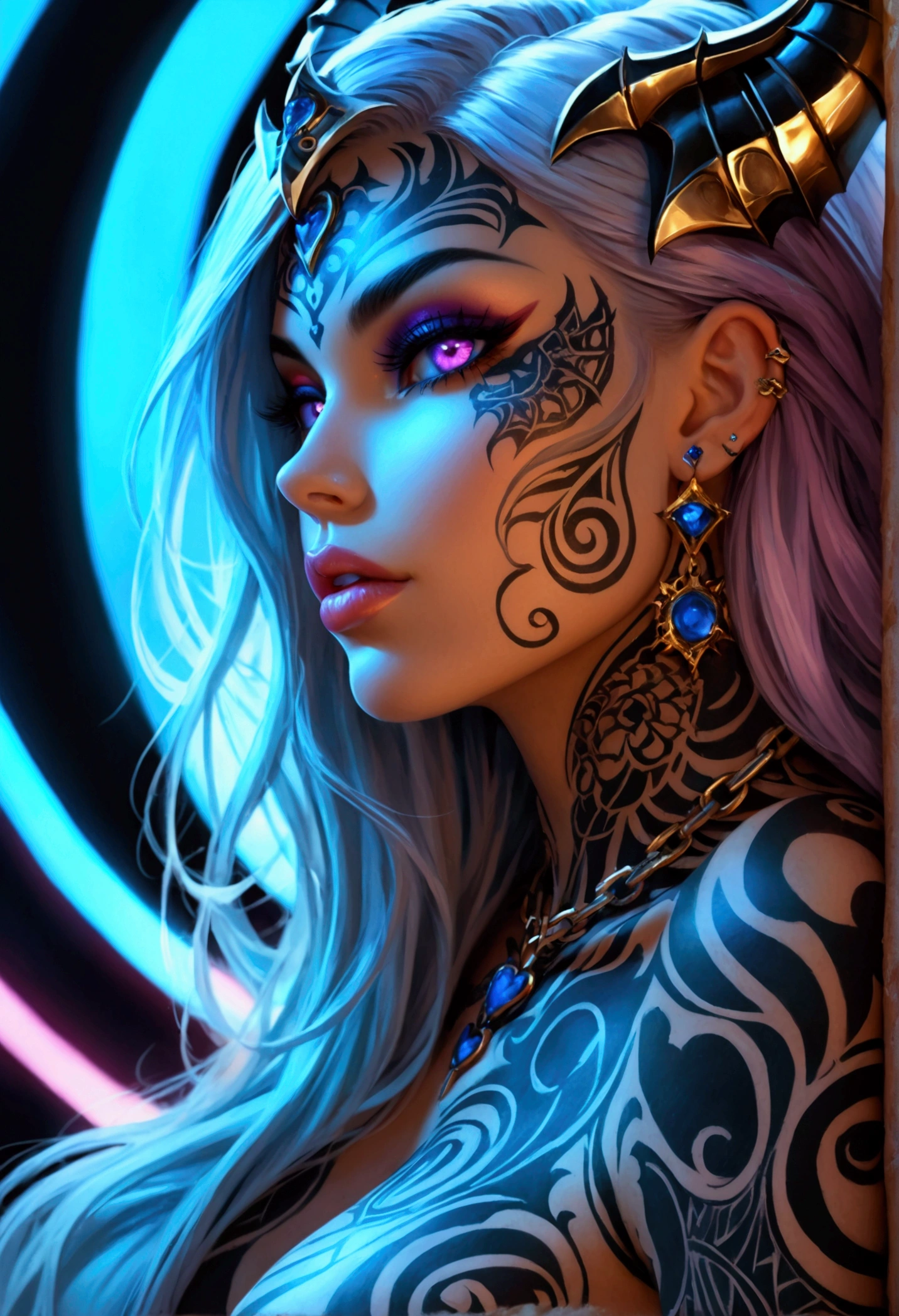 A female tattoo artist with a viking hairstyle, long flowing hair, and white and purple hair. Her hair is intricately braided with beads and feathers. She has piercing blue eyes that captivate anyone who gazes into them. Her lips are full and painted with a deep shade of red. She is wearing a leather apron, adorned with various tattoo machine accessories. The studio is filled with the buzzing sound of the tattoo machine and the scent of ink. Colorful tattoo designs are displayed on the walls, showcasing her artistic skills and creativity. The artist is working on a client's arm, carefully crafting a vibrant and detailed sleeve tattoo. The tattoo design incorporates elements of Norse mythology, with intertwining dragons and Nordic symbols. The lighting in the studio is dim, accentuating the vibrant colors of the tattoos and creating a mysterious atmosphere. The overall image quality is high-resolution, bringing out every intricate detail of the tattoos. The artwork has a realistic and vivid style, with the colors popping out and creating a visually stunning effect. The color palette consists of deep purples, blues, and hints of vibrant red, giving the image a mystical and enchanting vibe. The scene is illuminated by soft, warm studio lighting, casting subtle shadows and adding depth to the image. The artist's talent and passion are evident in her focused expression and precise movements as she creates her art. The overall atmosphere is that of creativity, artistry, and empowerment, capturing the spirit of a female tattoo artist in her element.