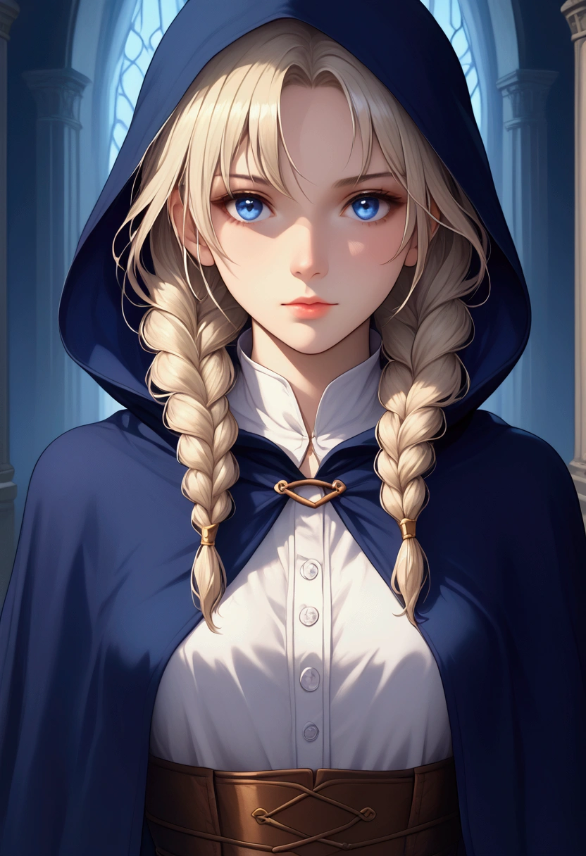 This image is a digital drawing in an anime-style, featuring a female character with a medieval fantasy theme. The character is a young woman with light blonde hair styled in two long, braided pigtails. She has a fair complexion and piercing blue eyes. She is dressed in a dark blue, hooded cloak with a hood that covers her head, leaving only her face visible. The cloak is cinched at her neck with a silver clasp and features a silver lining.