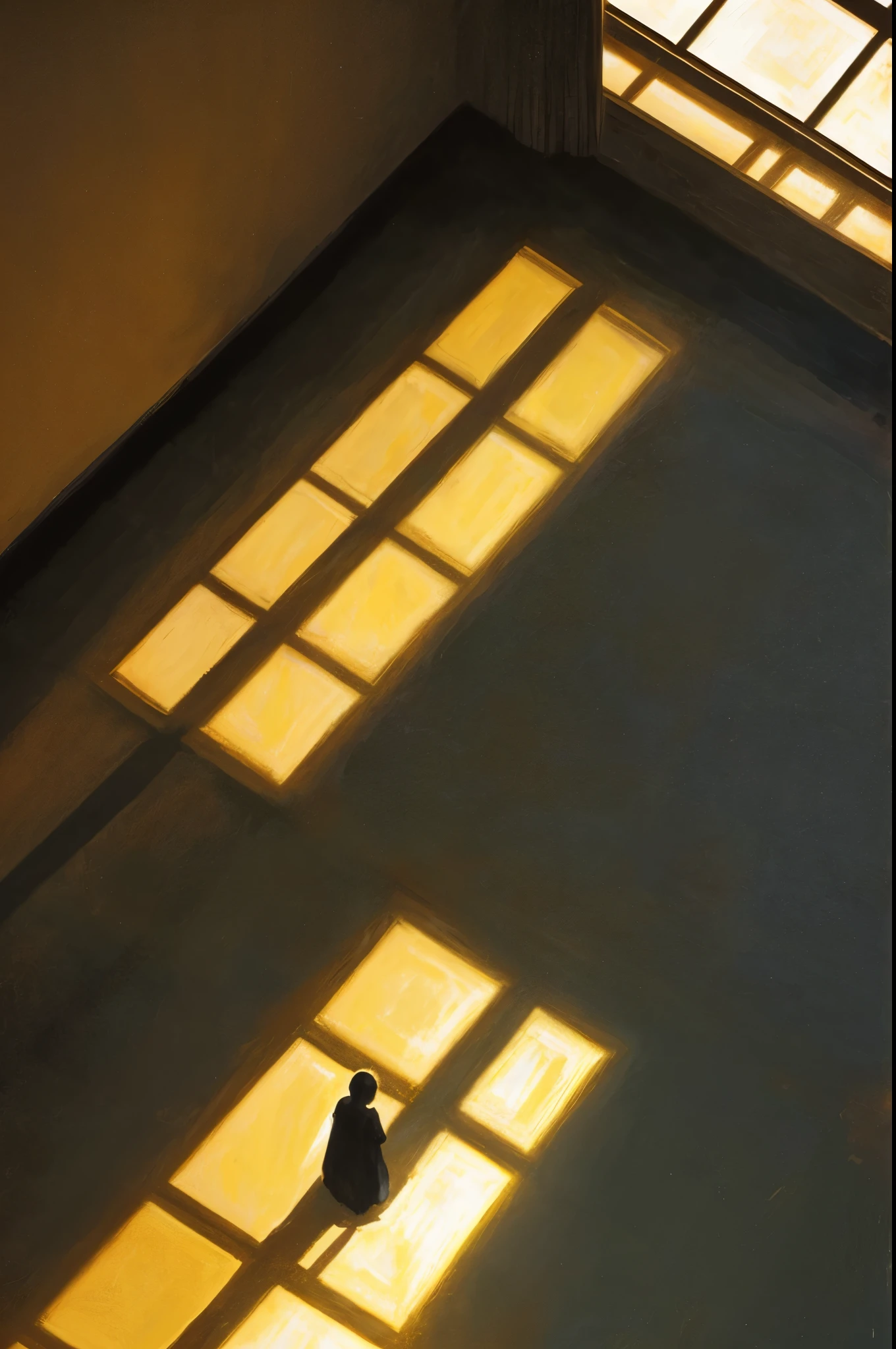  a painting of a single small female silhouette in a vast empty room with a golden light draping across the floor creating large shadows, at a skewed aerial angle, very minimal number of colors, oil painting, feeling of loneliness and oppressive