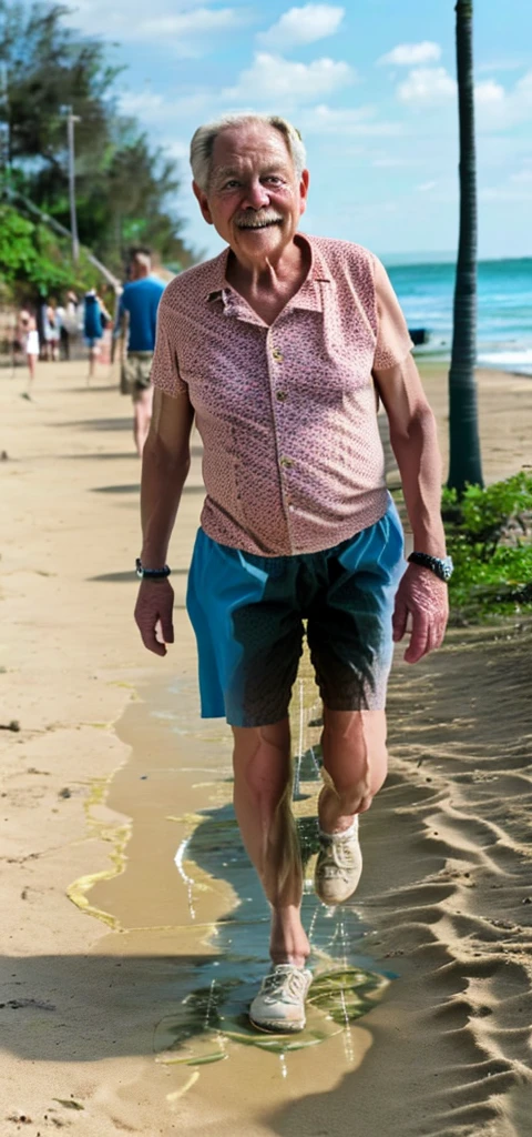 (Photorealistic real image, an extremely muscular elderly Spanish lady with very wrinkled skin, she is hanging from a metal exercise bar doing chin ups, her face is overexerted, they have a tough attitude, in a weight training area on the beach in Malibu, palm trees , beach sand cement, with tattooed arms, white tank top, yellow silk shorts, black sports wristbands, with white sneakers, the floor is cement with areas of beach sand, street lamps, bright colors, walls of brick, lighting with midday light, sunlight plays with the puddles of water and the colors and sweat of the woman, sporty image, colorful atmosphere. very old lady, in the background you can see something skating with bright colors.