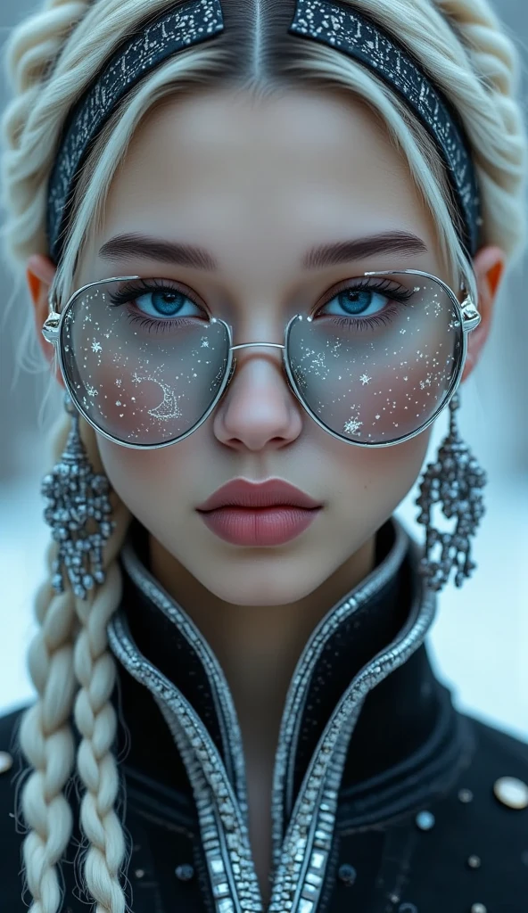 (The model is wearing glass sunglasses with stars and the moon on the glass