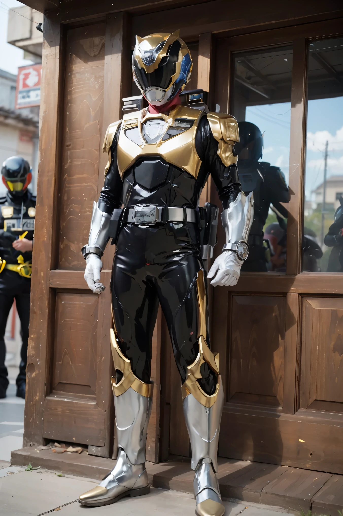 Fantasy background, cafe rpg style, empty chair, table, set of tea glass, (power rangers)), One guy、gold shadow gray costume, Solo, ((fit figure)), (Anatomically correct), Cowboy shot, masked face, guns, muscular build