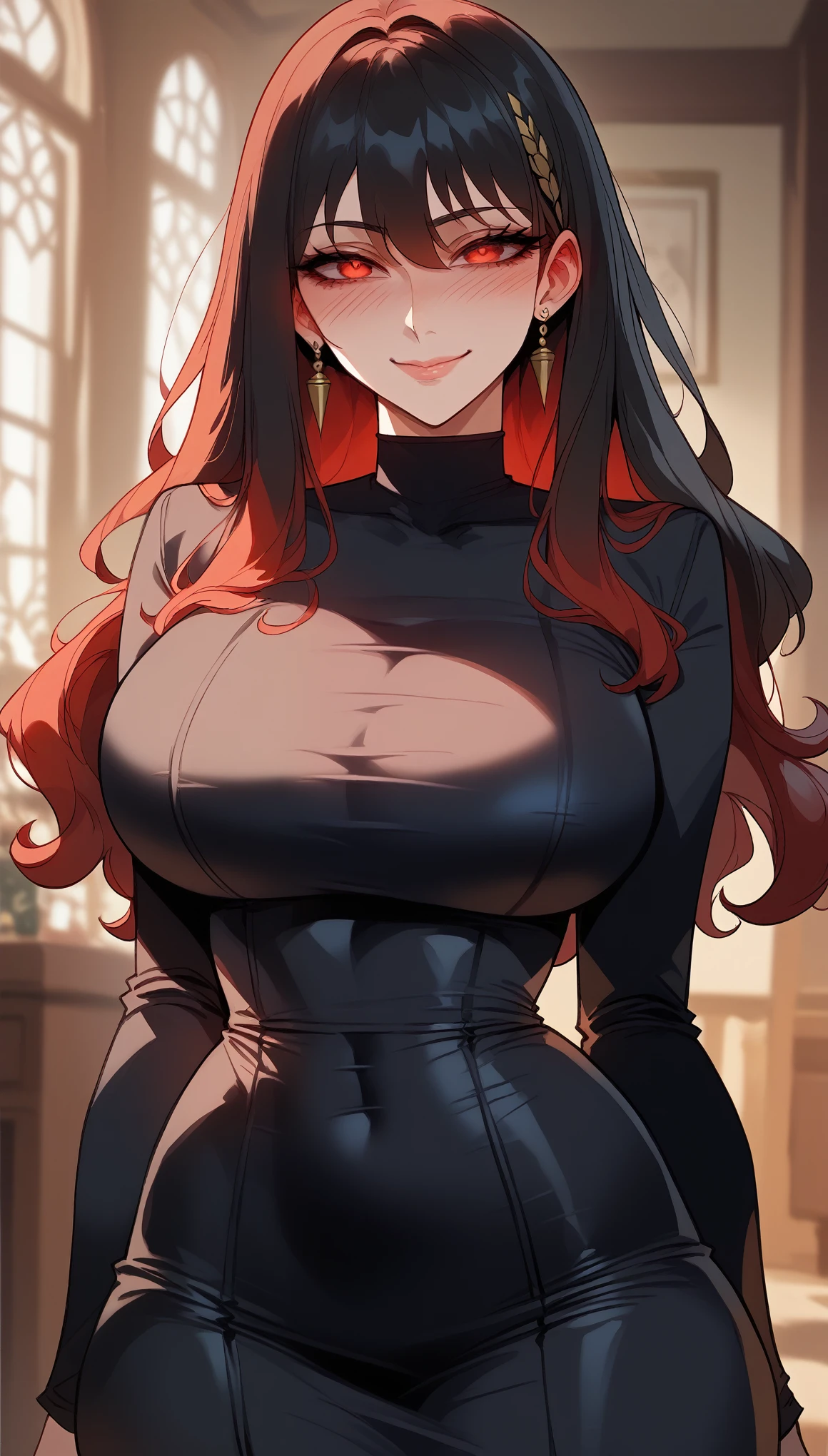 black hair、long and straight hair、glowing red eyes、Spy x Family、Yor Forger、mature woman、shiny hair、(big breasts),tight waist、thin waist、shiny skin、black dress、Beleza、erotic、smile、blushed,
