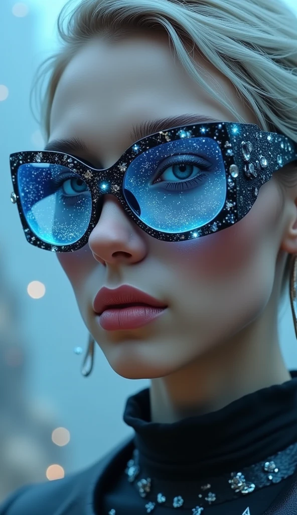 (The model is wearing glass sunglasses with stars and the moon on the glass