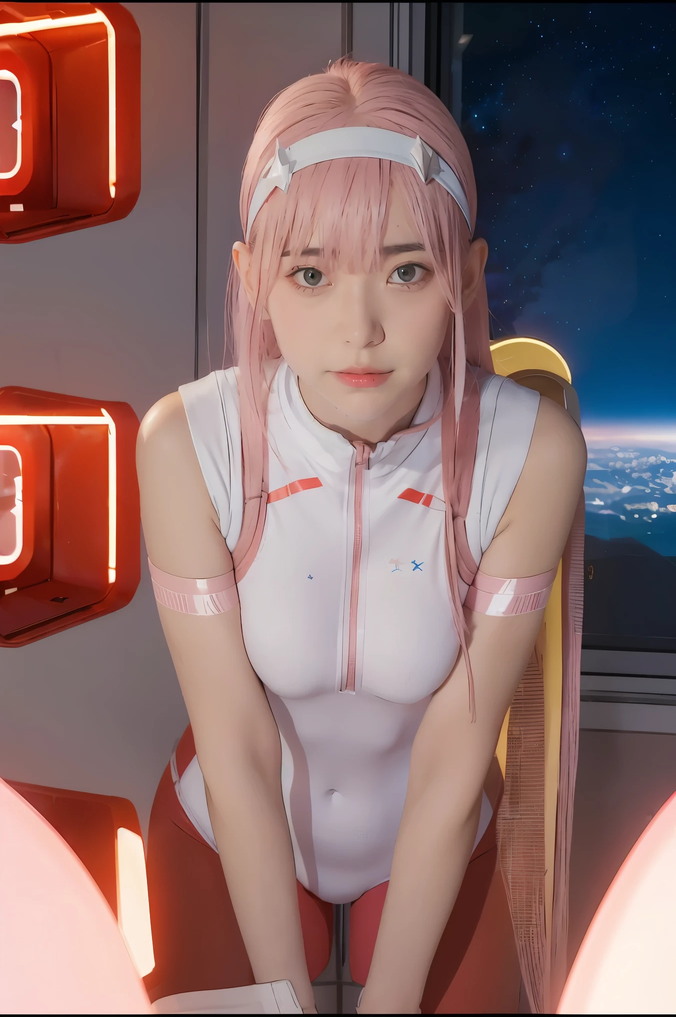 dynamic angle,ultra-detailed, illustration, straight on, 1girl, ((Zero two, interface headband with a pair of horns, red bodysuit:1.4, pink hair)), Her eyes shone like dreamy stars,(glowing eyes:1.233),(beautiful and detailed eyes:1.1),(expressionless, closed mouth),(standing), (mechanic room with tools and spaceship window in a white SPACESHIP), (night:1.2), dreamy, dynamic pose,