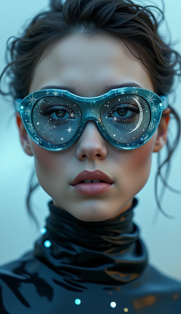 (The model is wearing glass sunglasses with stars and the moon on the glass