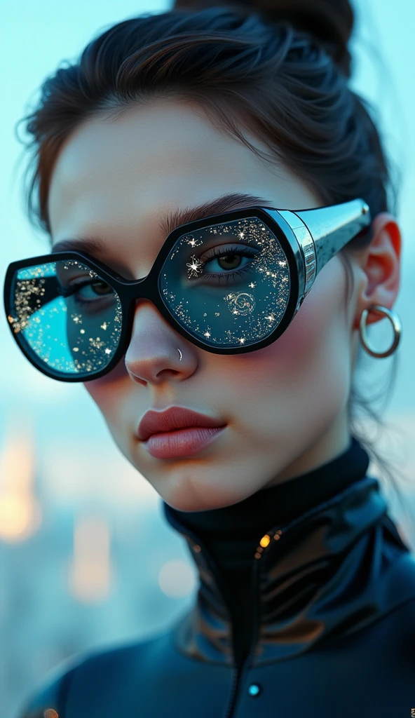 (The model is wearing glass sunglasses with stars and the moon on the glass