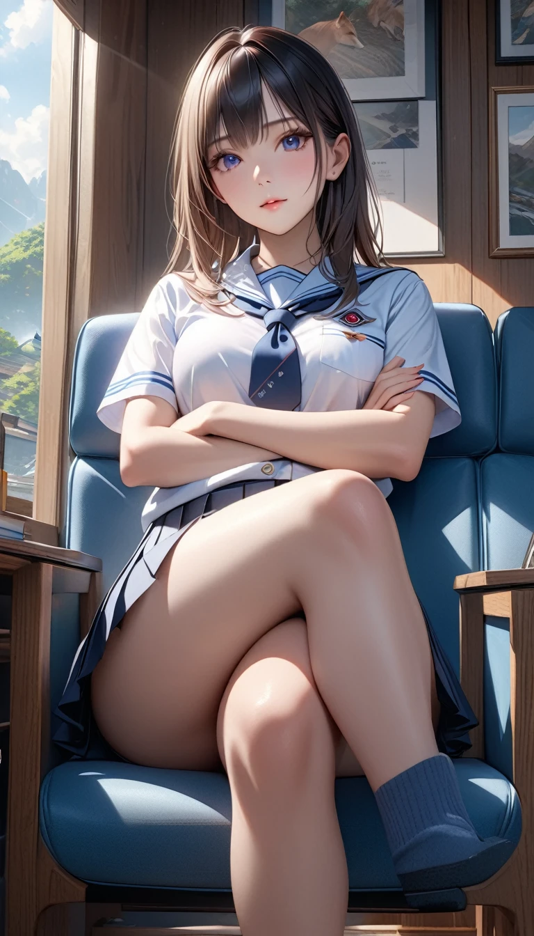 crossing legs,Woman sitting with legs crossed,crossing legs,Woman sitting with legs crossed,crossing legs,Woman sitting with legs crossed,crossing legs,Woman sitting with legs crossed,crossing legs,Woman sitting with legs crossed, upper body,from the front,非常にBeautiful thighs,A highly detailed, photorealistic,  beautiful detailed eyes masterpiece, 8k, hyper-detailed, Ultra-realistic, ,Realistic,photoRealistic,photo-Realistic:1.37,8k,detailed, highly detailed, masterpiece, hyper detailed, extremely detailed,  intricate details , insanely detailed, Sharp focus,High image quality,8k,detailed, highly detailed, masterpiece,High image quality,8k,detailed, highly detailed, masterpiece,High image quality,8k,detailed, highly detailed, masterpiece, hyper detailed, extremely detailed,  insanely detailed, Sharp focus,Very intense,Student Uniform,Japanese women,whole body,mini skirt, pleated skirt ,Crossing your legs,Beautiful thighs,Student Uniform