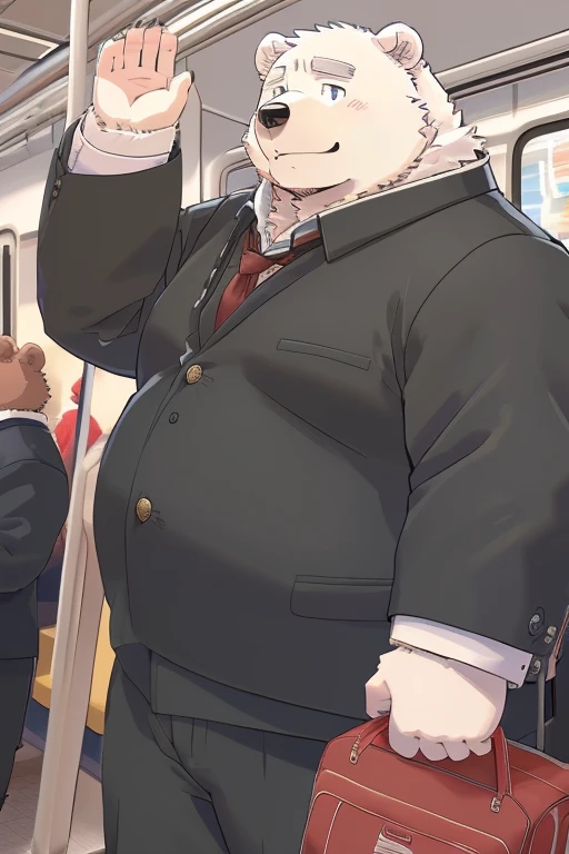 Gained weight、Being overweight、Bear Beast Man、Gained weight顔、 Brown Eyes 、Polar bear、fur、Fluffy、cute(student、Short、Black clothes、Wearing gakuran、Black trousers、School uniform、）(Take the commuter train、Fully booked、There are a lot of people、Raise your hand up and grab the strap)